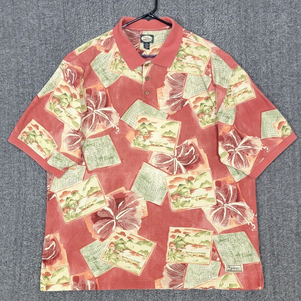 Tommy Bahama Polo Shirt Mens XXL Salmon Hibiscus Golf Travel Vacation Scenes
